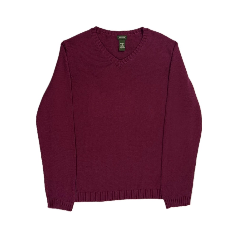 Vtg LL Bean 100% cotton burgundy red v neck ribbed knit sweater women's large